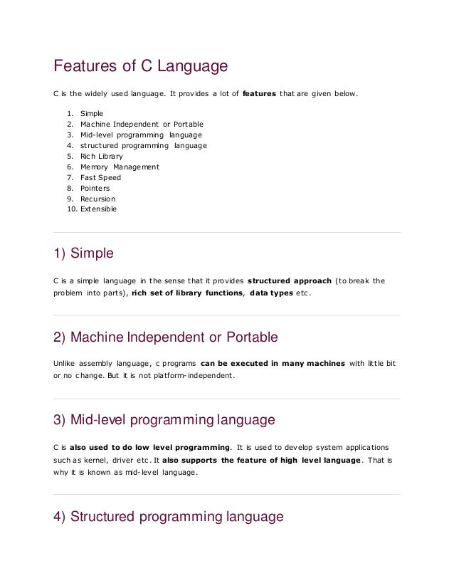 application of c language features of c language in hindi